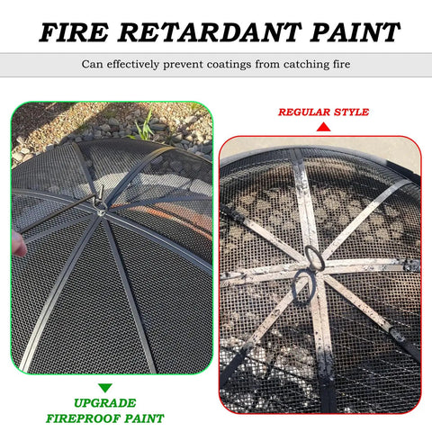 Comparison of Heavy Duty 22 Inch Fire Pit Spark Screen With Handle And Poker For Outdoor Use showing upgrade and regular paint styles.