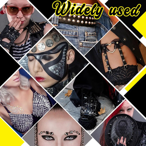 354 Piece Punk Spikes And Studs Kit in 8 Sizes for leather crafting on clothing and accessories with various styles displayed
