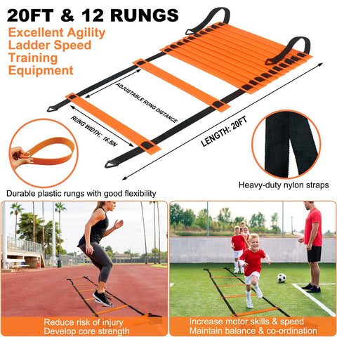 20ft agility ladder with 12 rungs for speed training, featuring durable plastic rungs and nylon straps, shown in outdoor use.