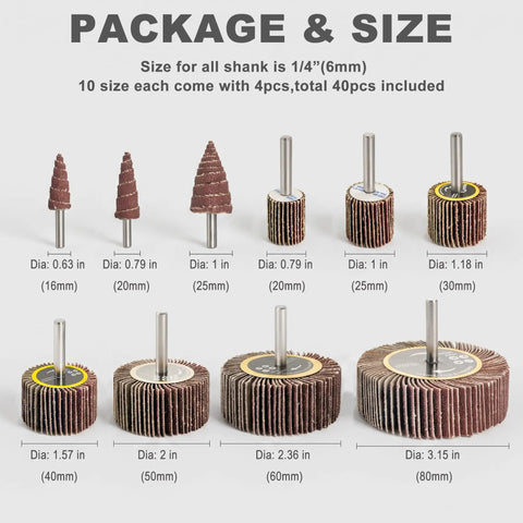 40 Piece Flap Wheel Sander Set For Pro DIYers With One Quarter Inch Shank For Drill Polishing And Deburring Ten Sizes Of 80 Grit Abrasive Wheels