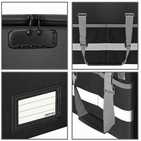 Close-up of Fireproof File Box With Lock And Zipper Pockets, showing lock, zipper, handles, and material details.