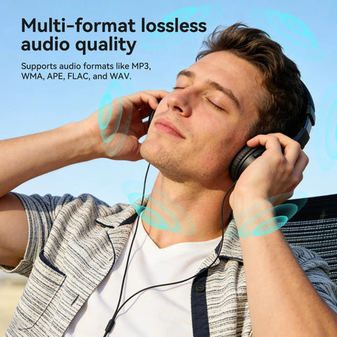 Person listening to music with headphones, showcasing multi-format audio on 64GB USB C MP3 Player 2 In 1 Type C And USB Stick Music Player