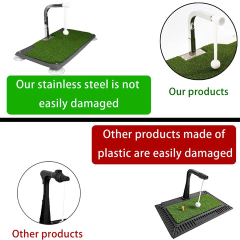 Comparison of Golf Swing Trainer With 5 Height Adjustments For Indoor Practice Portable Iron And Club Swing Mat, stainless vs plastic