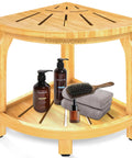2-Tier Bamboo Shower Bench For Inside Shower No-Slip Legs 16 Inch Waterproof Bathroom Stool With Storage Shelf Sturdy Safe Seating For Seniors Adults Disabled Women Easy To Clean And Durable showcasing toiletries on the shelves.