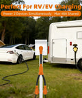 Heavy Duty 50 Amp RV EV Power Splitter Adapter Cord Transforms Single NEMA 14-50P Plug Into Dual 14-50R Outlets For Simultaneous Generator And Camper Charging No Drama Tailgate Ready Setup in outdoor setting with camper and electric vehicle.