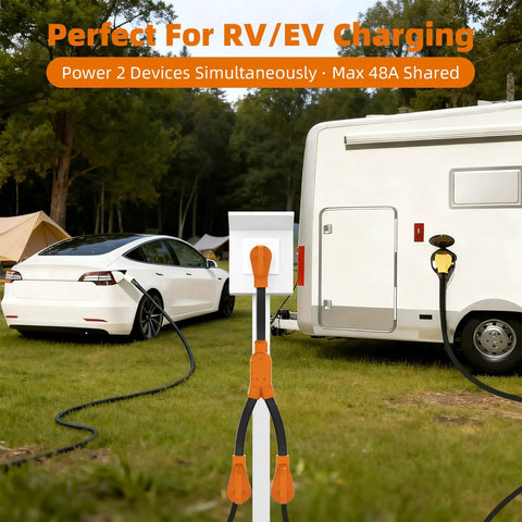 Heavy Duty 50 Amp RV EV Power Splitter Adapter Cord Transforms Single NEMA 14-50P Plug Into Dual 14-50R Outlets For Simultaneous Generator And Camper Charging No Drama Tailgate Ready Setup in outdoor setting with camper and electric vehicle.