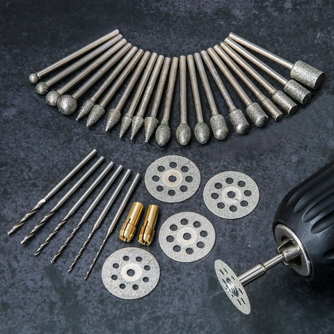 Stone Carving Set Diamond Burr Bits For Rotary Tool Kit 34 Piece includes diamond burr bits, cutting discs, and drill bits