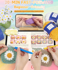 Hands crocheting granny squares with Beginner Crochet Kit With Easy Yarn Pack For A Cozy Granny Square Blanket Step By Step Video Guides Simple Crochet Starter Set For Grab And Go Fun At Home Craft Projects