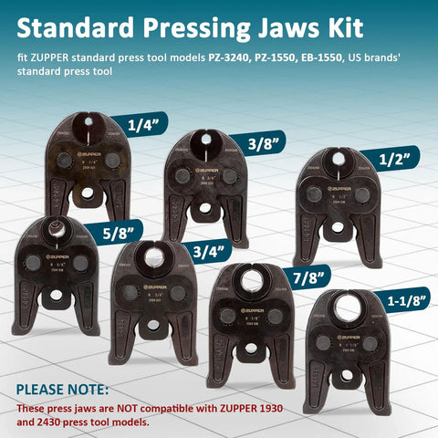Seven Piece Press Jaws Set For Refrigeration And Plumbing From Quarter Inch To One And One Eighth Inch With Go No Go Gauge
