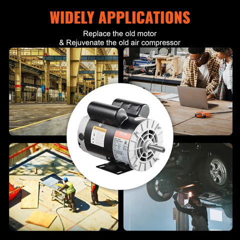 Your Go To 5HP SPL Air Compressor Motor 230V 56 Frame 3450 RPM Single Phase 17.6 Amps shown in various applications