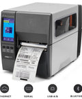 Slick ZT231 Upgraded Thermal Transfer Industrial Printer For Business Labeling 4 Inch Print Width 203 DPI showing label output and touchscreen.