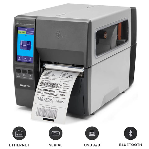 Slick ZT231 Upgraded Thermal Transfer Industrial Printer For Business Labeling 4 Inch Print Width 203 DPI showing label output and touchscreen.