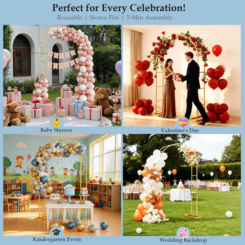 Beefy 7 Point 2 Foot By 4 Point 3 Foot Balloon Arch Stand Made Of Metal Pergola Arbors For Outdoor Gardens Climbing Plants Gold Wedding Arch For Party Decor A Wide Backdrop Arch That Stands Up To Heavy Use displayed in various event setups.