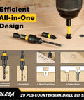 Pro Countersink Drill Bit Set For Fine Woodwork Includes Five Sharp Counter Sink Bits showing use steps for drilling and countersinking.
