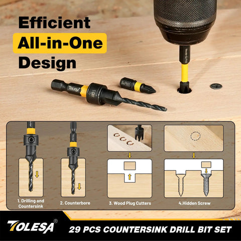 Pro Countersink Drill Bit Set For Fine Woodwork Includes Five Sharp Counter Sink Bits showing use steps for drilling and countersinking.