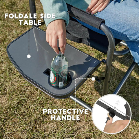 Ultra Lite Aluminum Oversized Camping Chair With Side Table And Detachable Pocket Portable Directors Chair showcasing foldable side table.