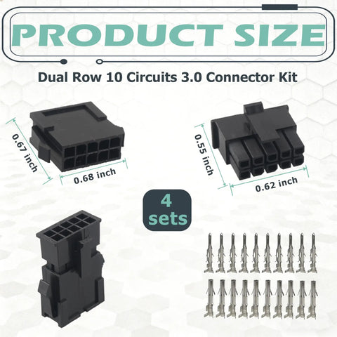 4 Set Dual Row 10 Pin 3mm Pitch Connector Kit with Crimp Terminals for 20 to 24 AWG Wire, product size dimensions shown