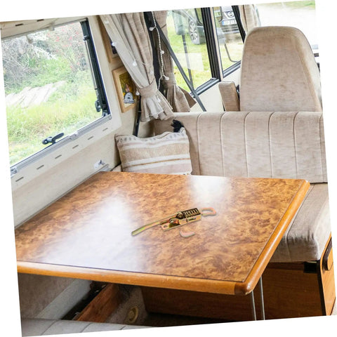 Heavy Duty Truck Toolbox Door Latch Kit with adjustable hooks on wooden table in RV, featuring metal spring hand buckle.