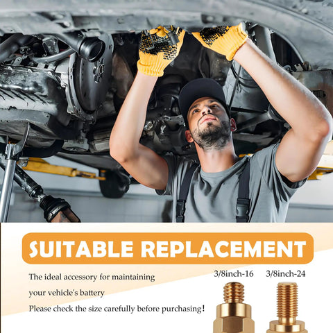 Heavy Duty 2 Pack Side Post Battery Terminal Extension Bolts With Nuts Featuring 3/8 Inch 16 Coarse And 3/8 Inch 24 Fine Threads, mechanic working under vehicle.