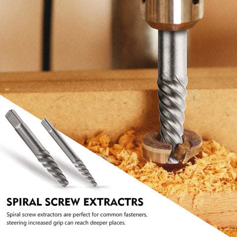 Spiral screw extractors in use, part of 35 Pc Drill Bit Set With Multi Spline Bolt Extractors And Left Hand Cobalt Drill Bits In Blue