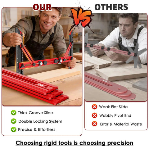Kickass Precision Stair Tread Template Tool With Heavy Duty Locking Triangular Brace; comparison of features with a competitor.