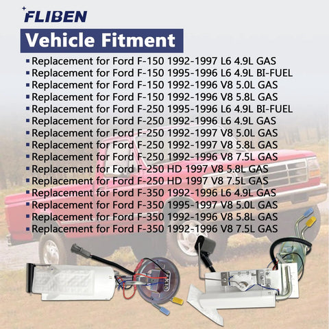 Diagram of front and rear fuel pump assembly replacement for Ford F-150, F-250, F-350 1992-1997 with vehicle fitment list.