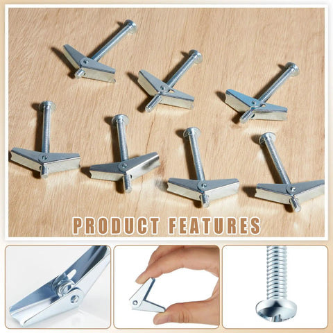200 Piece Toggle Bolt Kit With Wing Nuts For Drywall One Quarter Inch By Three Inch Heavy Duty Wall Anchors Includes Toggle Bolts And Butterfly Nuts For Home Projects And Small Renovations. galvanized toggle bolts on wood with folded wings