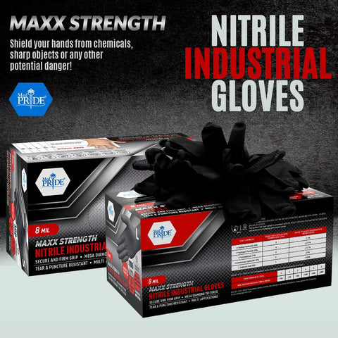 Heavy Duty Industrial Nitrile Work Gloves Eight Mil Thick Rock Solid Diamond Grip Textured Black Medium Pack Of One Thousand with packaging.