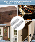 12 Inch Stainless Steel Piano Hinges 2 Pack With Countersunk Holes shown next to examples including piano, crate, door, and locker.