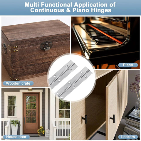 12 Inch Stainless Steel Piano Hinges 2 Pack With Countersunk Holes shown next to examples including piano, crate, door, and locker.