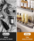Before and after comparison of skincare products on a wall shelf, showcasing organization and cleanliness.