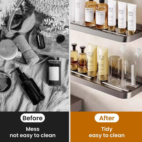Before and after comparison of skincare products on a wall shelf, showcasing organization and cleanliness.