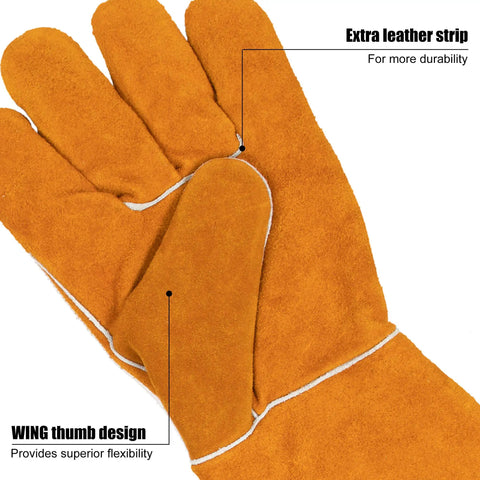 Close-up of Heavy Duty Cowhide Welding Gloves For Forge MIG And Stick Welding Heat Resistant Mitts with thumb design and extra strip.