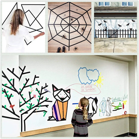 DIY wall art using Black Painter Tape 1 Inch By 60 Yards, showcasing geometric and nature designs on school project walls.