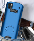Kickass Protective Kickstand Case And Ratchet Holster Combo For Zebra TC53 TC58 Mobile Computer handheld scanner in blue on a belt.