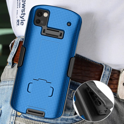 Kickass Protective Kickstand Case And Ratchet Holster Combo For Zebra TC53 TC58 Mobile Computer handheld scanner in blue on a belt.