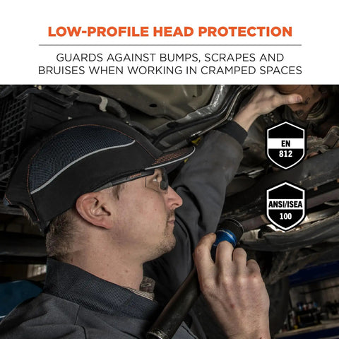 Person wearing Safety Bump Cap Baseball Hat Style With Removable HDPE Shell And Foam Padding for Comfortable Head Protection Skullerz 8950