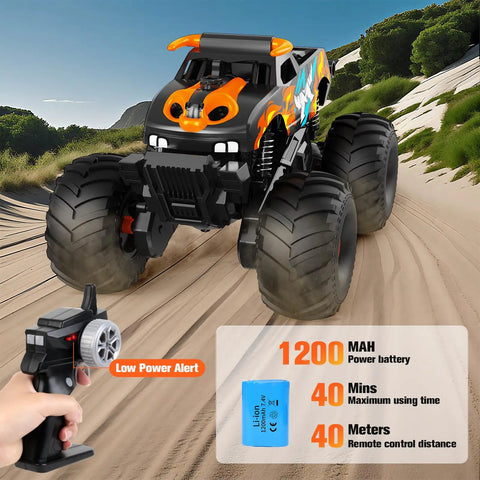 Remote Control Monster Truck Toy 4WD Waterproof Off Road RC Car on sandy terrain with remote and battery details displayed