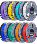 Front view of 16 spools of 250g 1.75mm PLA filament in assorted colors.