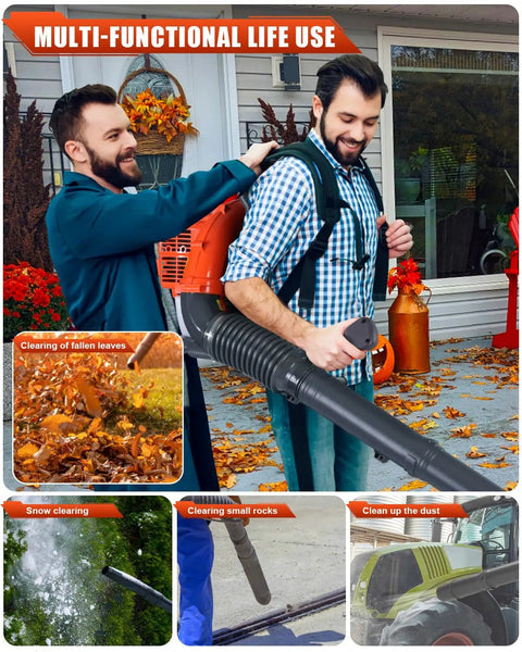 Gas Powered Backpack Leaf Blower With 550 CFM And 230 MPH Airflow, 52cc Engine in use for clearing leaves and snow