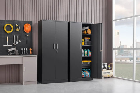 Beefy Heavy Duty Metal Storage Cabinet With Adjustable Shelves And Lockable Doors Tall 71 Inch Black Garage Kitchen Pantry