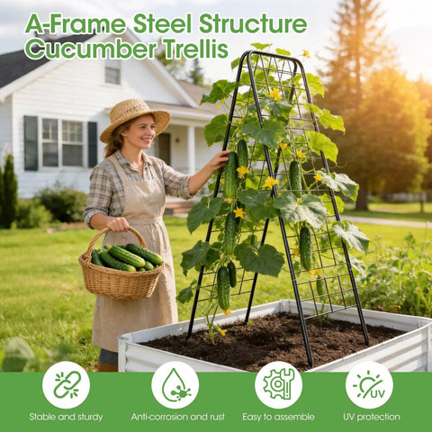 Woman using Heavy Duty Cucumber Trellis With Adjustable 17 To 50 Inch A Frame, All Metal Mesh Design, in garden bed