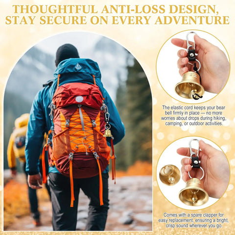 Hiker with orange backpack using Six Pack Bear Bell Safety Gear With Loud Bells And Whistles, showing elastic cord and brass bell features.