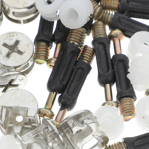 30 Sets M6 Universal Corner Connectors for Furniture, zinc alloy and plastic fasteners kit for drawers close-up view