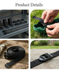 Manual Lawn Aerator Shoes Straps Eight Piece Set With Adjustable Grippy Spikes detailed view on metal shelf and hand assembly