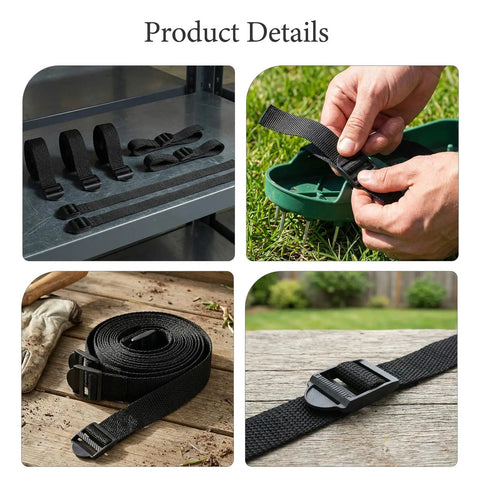 Manual Lawn Aerator Shoes Straps Eight Piece Set With Adjustable Grippy Spikes detailed view on metal shelf and hand assembly