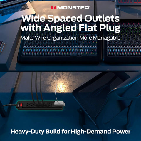Heavy Duty 7 Outlet Surge Protector Power Strip 240V 1350 Joules in a pro audio studio with metal enclosure and angled plug