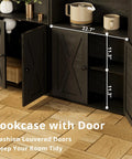 Industrial Bookshelf With Doors, 6 Tier Floor Standing Bookcase, showing decorative items behind louvered doors, solid wood rack.