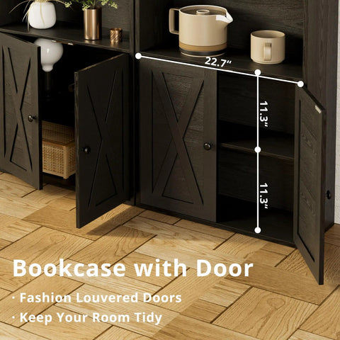 Industrial Bookshelf With Doors, 6 Tier Floor Standing Bookcase, showing decorative items behind louvered doors, solid wood rack.