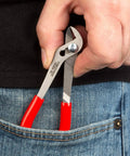 Five Inch Angle Nose Slip Joint Pliers With Half Inch Jaw being placed in jeans pocket, red slim non slip grips visible